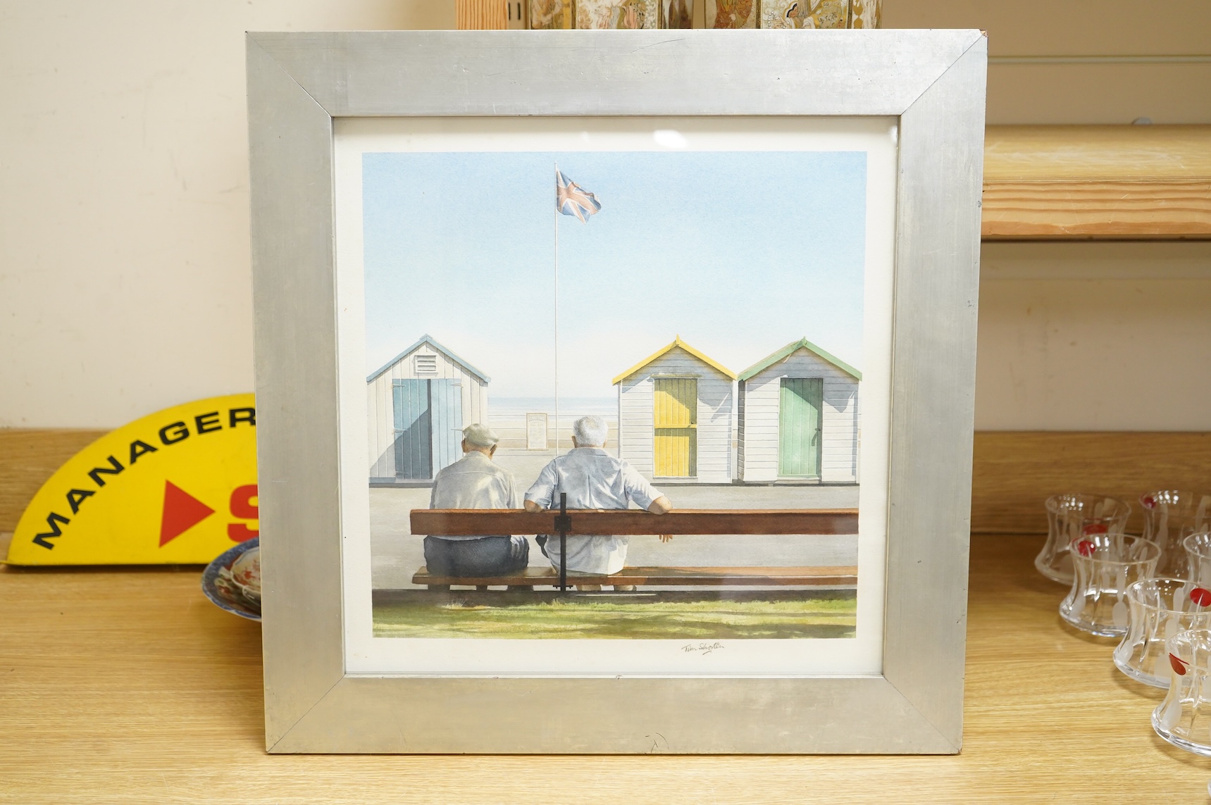 Tim Shorten (contemporary), two figures seated before beach huts, signed in pencil, watercolour, 45 x 44cm